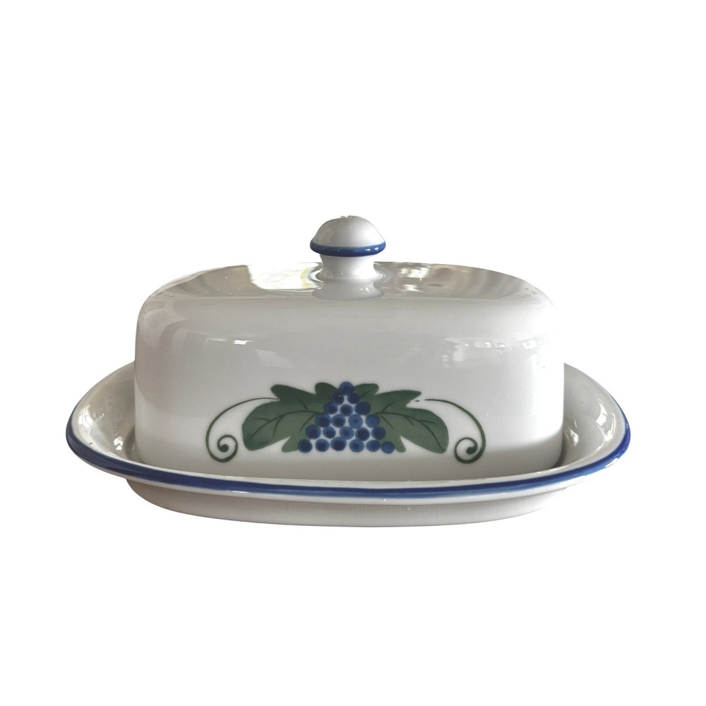 Dansk Provence Blue Grapes Covered Butter Dish White Ceramic Blue Trim Japan